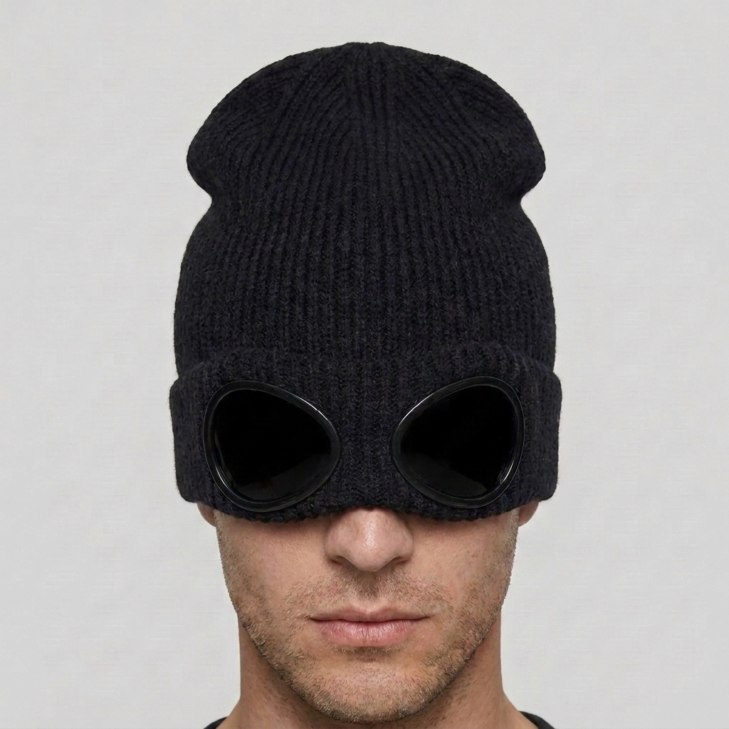 Man wearing the Knoggles goggle beanie